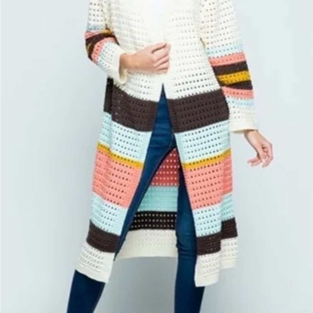 Polagram Open-Knit Long Cardigan with Multicolor Stripes small euc boho festival - Picture 1 of 7